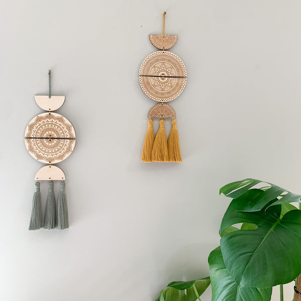 Geometric Wood Wall Decor with Tassels and Mandala Laser Engraved / Limited Time Sale / Up to 40%