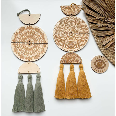 Geometric Wood Wall Decor with Tassels and Mandala Laser Engraved / Limited Time Sale / Up to 40%
